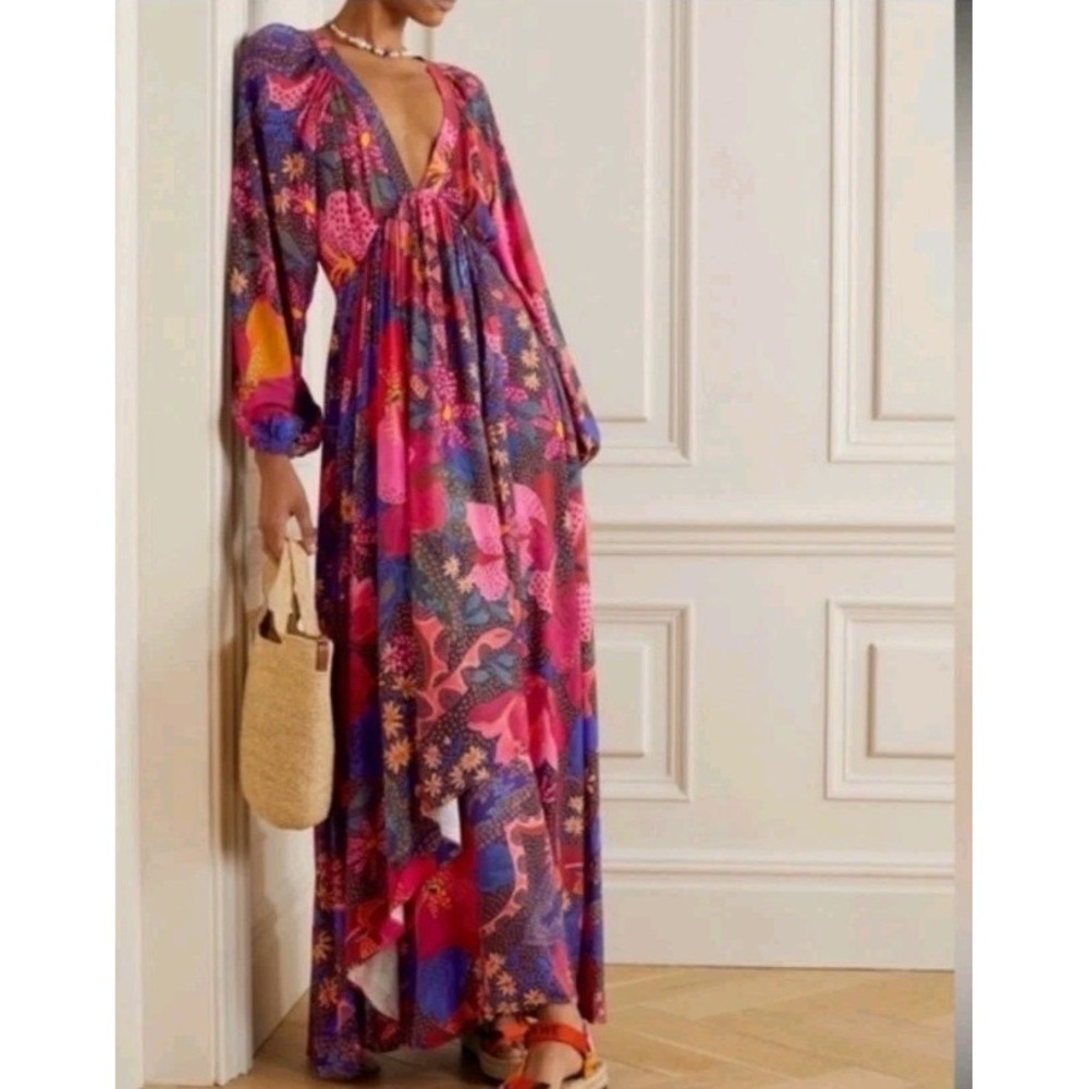 Farm Rio Snake Garden Maxi Dress Size XL Long Sleeve Colorful Bohemian